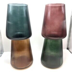 Khen Ribbed Stemless Wine Glasses Set of 4 Tonal Muted Earth Colors 16.9oz